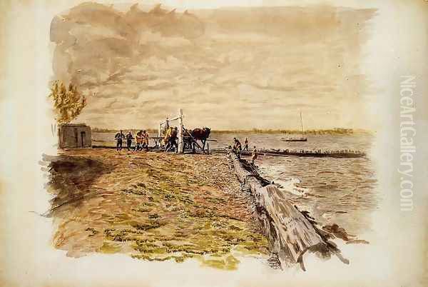 Drawing the Seine Oil Painting by Thomas Cowperthwait Eakins