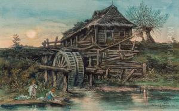 Old Mill Oil Painting by Tadeusz Rybkovski