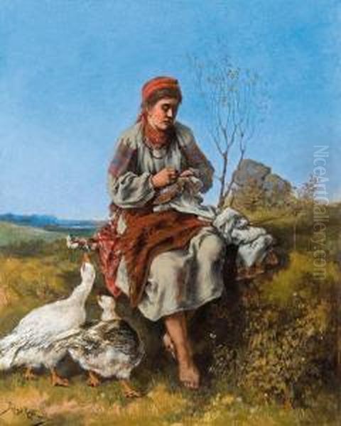 Gooseherd Oil Painting by Tadeusz Rybkovski