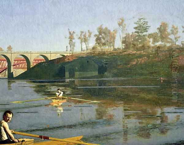 Max Schmitt in a Single Scull, 1871 (detail-1) Oil Painting by Thomas Cowperthwait Eakins