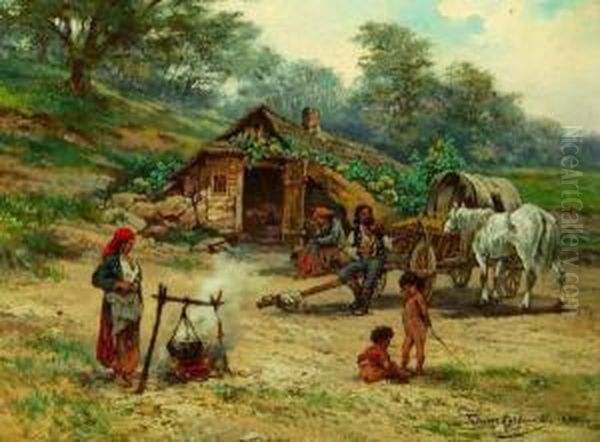 Gypsy Family Around A Campfire Oil Painting by Tadeusz Rybkovski