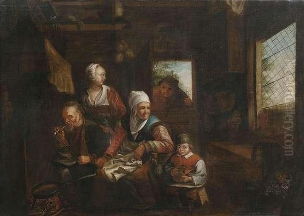 Peasantfamily In A Kitchen. Oil Painting by David The Younger Ryckaert