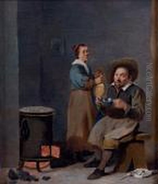 Couple Se Restaurant Devant Un Poele Oil Painting by David The Younger Ryckaert