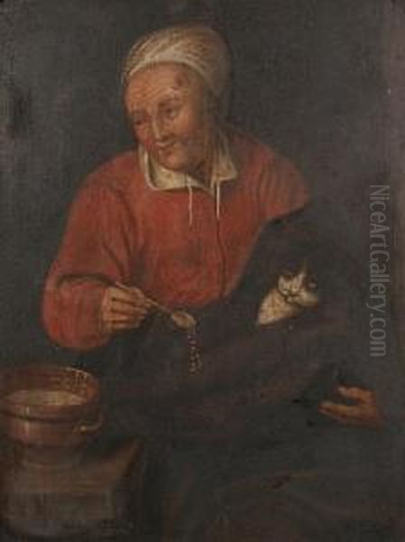 A Lady Feeding A Cat Oil Painting by David The Younger Ryckaert