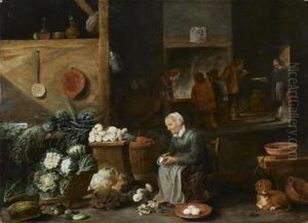 Cuisiniere Epluchant Des Legumes Dans Un Interieur Oil Painting by David The Younger Ryckaert