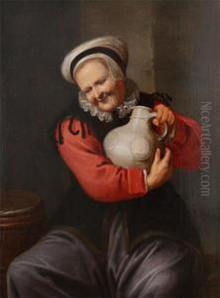 Old Woman With Stone Jug Oil Painting by David The Younger Ryckaert