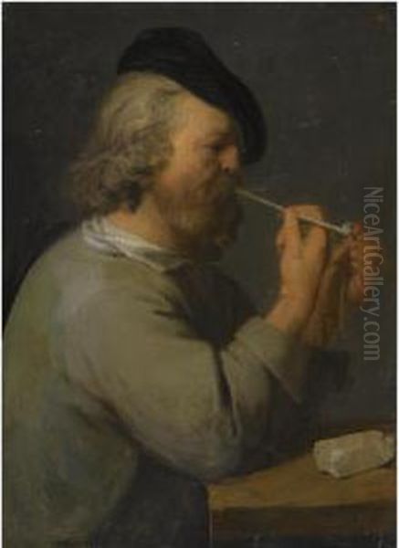 Study Of A Man Seated At A Table, Bearing A Black Beret And Lighting A Pipe Oil Painting by David The Younger Ryckaert