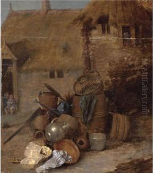 A Farm Yard With A Still Life 
With Barrels, A Copper Jug And Bucket, A Basket, A Watering-can And 
Earthenware Pots And Bowls, Peasants In A Farm Beyond Oil Painting by David The Younger Ryckaert