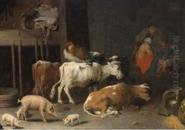 A Barn Interior With A Peasant 
Feeding Cows And Pigs, With Three Peasants Near A Fire Place To The 
Background Oil Painting by David The Younger Ryckaert