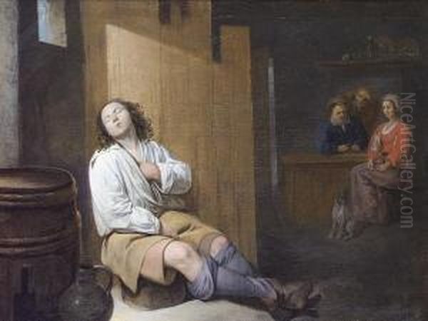 A Tavern Interior With A Young Man Asleep, Figures Seated At A Table Beyond Oil Painting by David The Younger Ryckaert