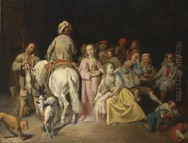 An Interior With Elegant Figures And Peasants Making 

 Merry And Drinking Together With Children Brawling And 

 A Horseman And A Sportsman With Their Dogs Oil Painting by David The Younger Ryckaert