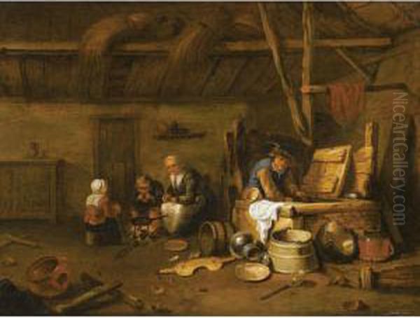 A Barn Interior With A Man At A Well And A Mother And Children Cooking Around A Fire Oil Painting by David The Younger Ryckaert