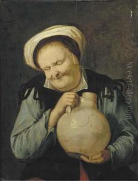 An Old Woman Holding A Stoneware Vessel Oil Painting by David The Younger Ryckaert