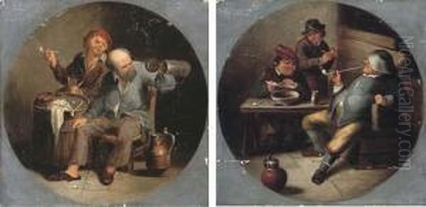 Peasants Smoking In An Interior; And Peasants Drinking And Smokingin An Interior Oil Painting by David The Younger Ryckaert