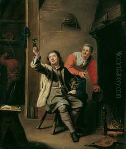 In Der Art Wirtshausinterieur 
Mit Einem Zecher Vor Offenem Kamin. Ol Auf Leinwand . H 56; B 47 Cm Oil Painting by David The Younger Ryckaert