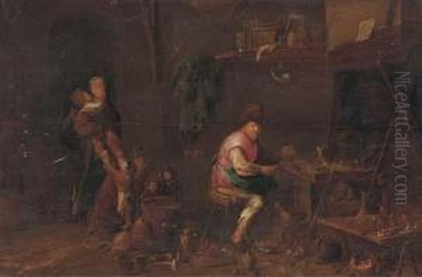 A Peasant Family In Their Workshop Oil Painting by David The Younger Ryckaert