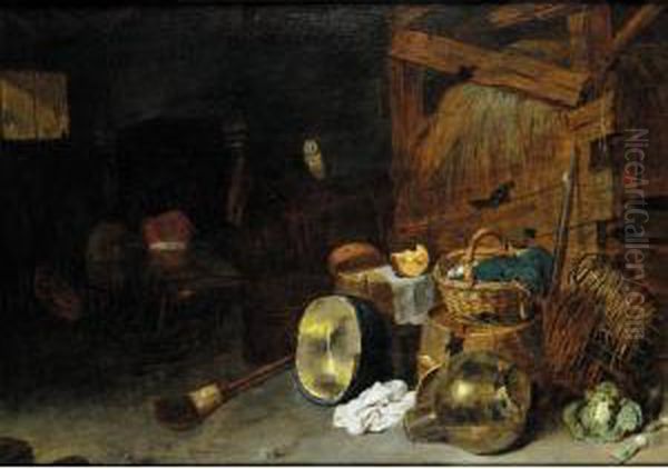 A Barn Interior With A Still 
Life Of Kitchen Utensils And An Owl, Two Men Beside A Fire Beyond Oil Painting by David The Younger Ryckaert