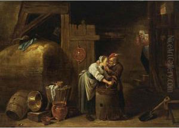 A Barn Interior With A Man 
Courting A Maid, And A Peasant Woman Peeking Around A Corner In The 
Background Oil Painting by David The Younger Ryckaert