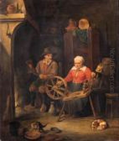 A Peasant Couple At A Spinning Wheel By A Fire In A Barn Oil Painting by David The Younger Ryckaert