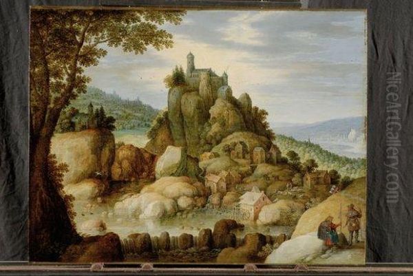 Paysage Rocheux Pres D'un Fleuve Avec Des Pelerins Se Reposant Surle Chemin Oil Painting by Marten Ryckaert