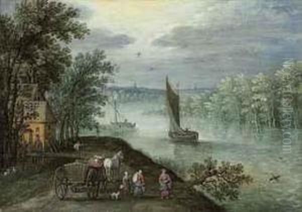 A Wooded, River Landscape With A
 Sailing Boat, Figures With A Horseand Cart On A Track In The Foreground Oil Painting by Marten Ryckaert