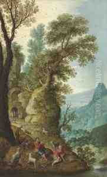 A Mountainous Landscape With Goatherds In The Foreground Oil Painting by Marten Ryckaert