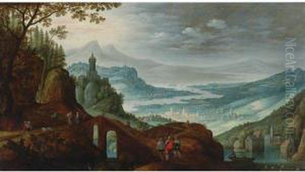 Extensive River Landscape With Christ On The Road To Emmaus Oil Painting by Marten Ryckaert