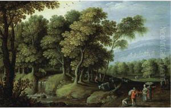 A Clearing In A Forest With 
Cattle Watering At A Pool And Peasants On A Road In The Foreground Oil Painting by Marten Ryckaert