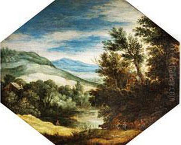 Baumlandschaft Mit Tieferliegendem Tumpel Vor Ansteigenden Hugeln Und Bergen Oil Painting by Marten Ryckaert