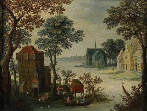 A Riverside Village With Figures In Abarge Oil Painting by Marten Ryckaert