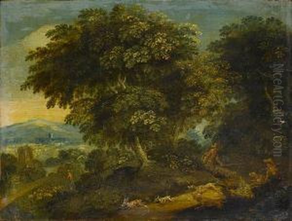 Huntsmen In A Wooded Landscape; And Alandscape With A Stag Hunt Oil Painting by Marten Ryckaert