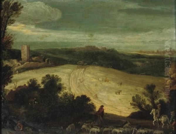 A Hilly Landscape With Travellers And A Herdsman On A Track Oil Painting by Marten Ryckaert