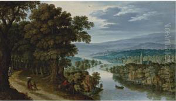 A Panoramic Mountainous River 
Landscape With Figures On A Path, A Village And Fishermen Beyond Oil Painting by Marten Ryckaert