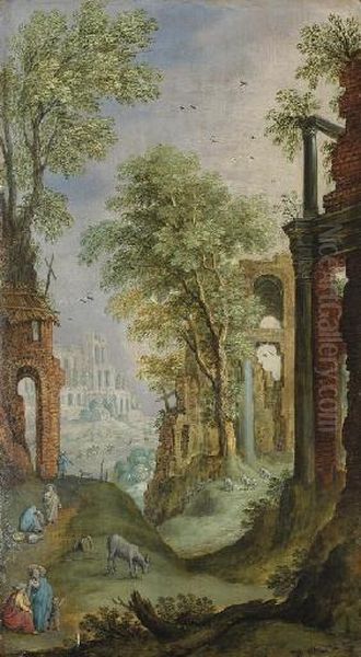 A Classical Landscape With Ruins And Figures Oil Painting by Marten Ryckaert