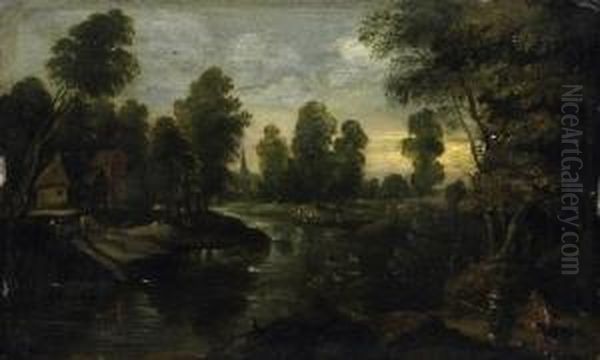 Foresty River Landscape. On The Banks, In Front Of A Ford, Are Two Hunters Oil Painting by Marten Ryckaert