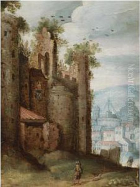 A Landscape With A Ruined Castle
 In The Foreground, Charged With The Papal Coat-of-arms, And A View Of A
 Town Beyond Oil Painting by Marten Ryckaert