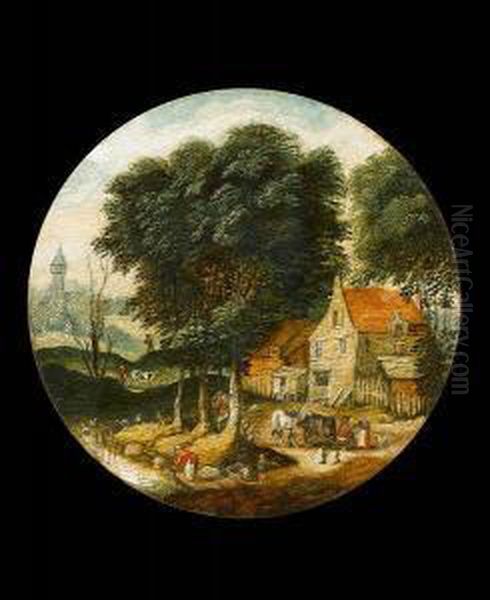 A Riverside Village With Travellers On A Country Path Oil Painting by Marten Ryckaert