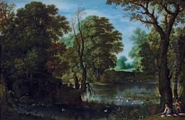 A Wooded Landscape With Hunters Shooting Duck Oil Painting by Marten Ryckaert