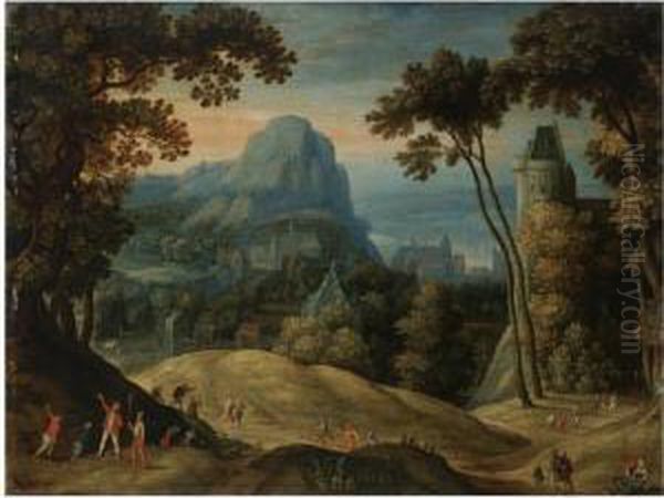 An Extensive Hilly Landscape With A Town In A Valley And A Castle In The Midground. Oil Painting by Marten Ryckaert