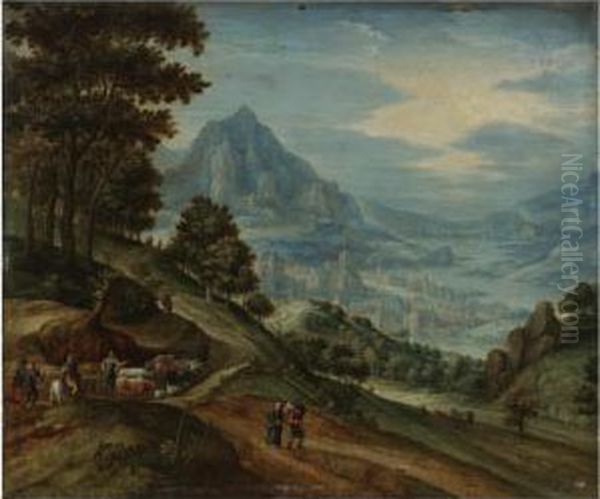 An Extensive Landscape With A 
Wood, Distant Mountains, A Town On A River Valley, Travellers, Herdsmen,
 And Ploughmen Oil Painting by Marten Ryckaert