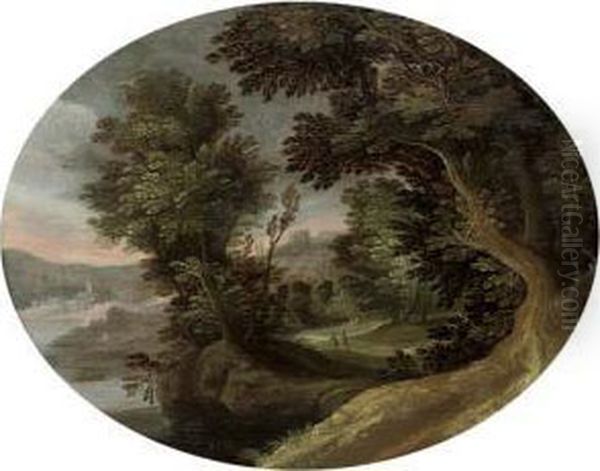 A Wooded River Landscape With Travellers On A Track Oil Painting by Marten Ryckaert