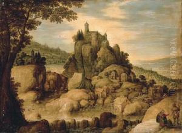 An Extensive Rocky River Landscape With Pilgrims Resting On A Path Oil Painting by Marten Ryckaert