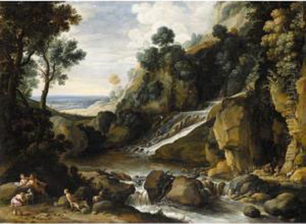 Rocky Landscape With A Waterfall
 Nymphs And Satyrs Resting By A River Oil Painting by Marten Ryckaert