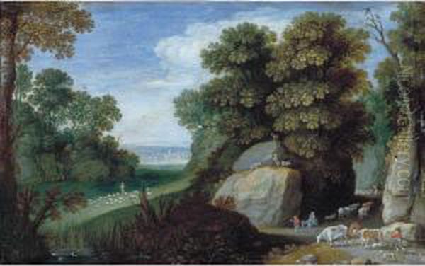 A Rocky Pastoral Landscape With 
The Flight Into Egypt, Shepherds Tending Their Flocks Beyond Oil Painting by Marten Ryckaert