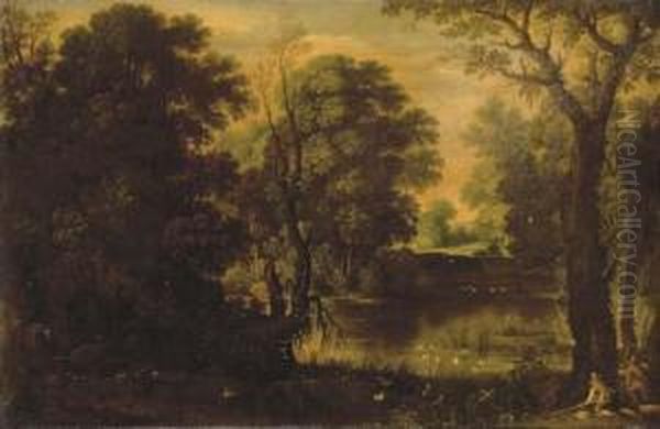 An Extensive River Landscape With Sportsmen Shooting Duck Oil Painting by Marten Ryckaert