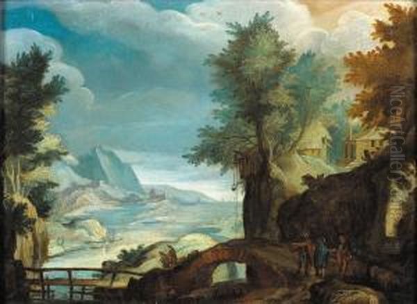 Paysage Aux Promeneurs Pres Du Pont. Oil Painting by Marten Ryckaert