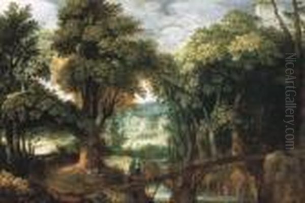 A Wooded River Landsape With The Flight Into Egypt Oil Painting by Marten Ryckaert