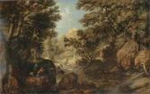 A Wooded River Landscape With Hunters Oil Painting by Marten Ryckaert