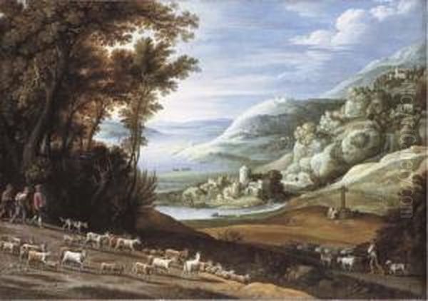 An Extensive Italianate Landscape With Goatherds, A Shepherd And Their Flocks Oil Painting by Marten Ryckaert