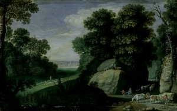 Felsige Waldlandschaft Mit Hirtenstaffage. Oil Painting by Marten Ryckaert